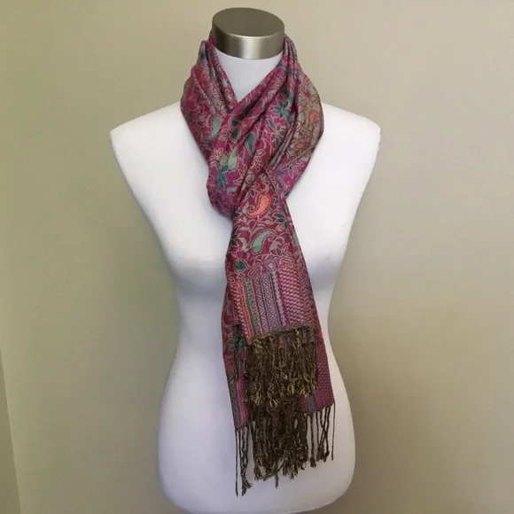 PASHMINA silk floral paisley fringe scarf wrap - Picture 3 of 5